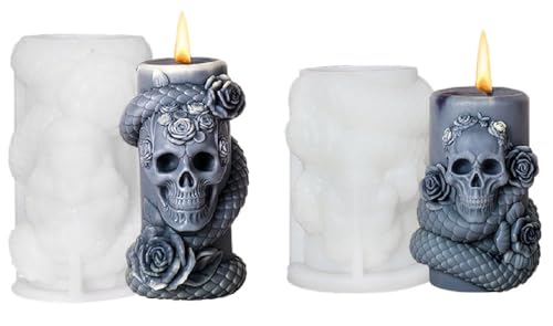 2 Stück Halloween Totenkopf Kerzenform 3D Silikonformen Gießformen, DIY Schädel Hexe Schlange Silikon Kerzen Formen Halloween Deko, Kerzenformen Zum Gießen Set Für Kerzen, Seife, Handwerk (Stil F) von FYBlossom