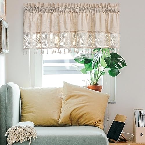 Kurze Scheibengardine Vintage Boho Vorhang Kurzgardine Bistrogardine, Spitze Häkelgardine Beige Kurzstore Gardine Mit Quasten, Landhausstil Kurzgardinen Für Küche Cafe Bad Schlafzimmer, 1 Stück von FYBlossom