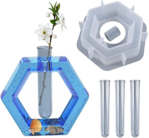 Vase Silikonform Epoxidharz Vase Formen Harzform Für Pflanzenanzuchtstation, Herzform/Hexagon Blumenvase Gießformen Mit 3 Reagenzgläser, Hydrokultur Pflanzgefäß Epoxidharz Form Für Pflanzen Blumen von FYBlossom