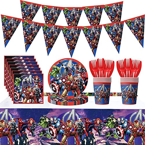 Avengers Gebutstag Partygeschirr Set,Superhelden Geburtstag Geschirr Kit Abendessen Dessert Teller Servietten Tassen Tischdecke,Kindergeburtstag Mottoparty Tischdeko 62Stück von FYDZBSL