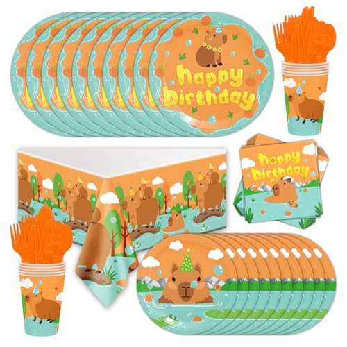 Capybara Geschirr Set, Partygeschirr mit Pappteller Servietten Tischdecke für 10 Gäste Wiederverwendbar Cartoon Anime Geschirr für Kindergeburtstag Partydeko Tischdeko Zubehör von FYDZBSL