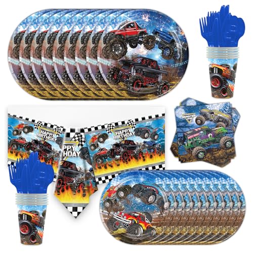 Monster Tuck Geschirr Set, Partygeschirr mit Pappteller Servietten Tischdecke für 10 Gäste Wiederverwendbar Cartoon Anime Geschirr für Kindergeburtstag Partydeko Tischdeko Zubehör Monster Tuck Geschirr Set, Partygeschirr mit Pappteller Servietten Tischdecke für 10 Gäste Wiederverwendbar Cartoon Anime Geschirr für Kindergeburtstag Partydeko Tischdeko Zubehör von FYDZBSL