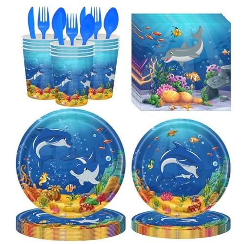 Ozean Party Geschirr Set, Partygeschirr mit Pappteller Servietten Tischdecke für 10 Gäste Wiederverwendbar Ozean Geschirr für Kindergeburtstag Partydeko Tischdeko Zubehör Ozean Party Geschirr Set, Partygeschirr mit Pappteller Servietten Tischdecke für 10 Gäste Wiederverwendbar Ozean Geschirr für Kindergeburtstag Partydeko Tischdeko Zubehör von FYDZBSL
