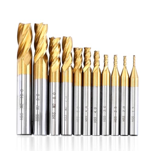 FYOBOT 11-Teiliges Fräser-Set, 4-Schneidig, Titanbeschichtet, HSS-Schaftfräser-Set, 1,5-10 Mm, CNC-Fräser für Fräsen Von und Stahl von FYOBOT