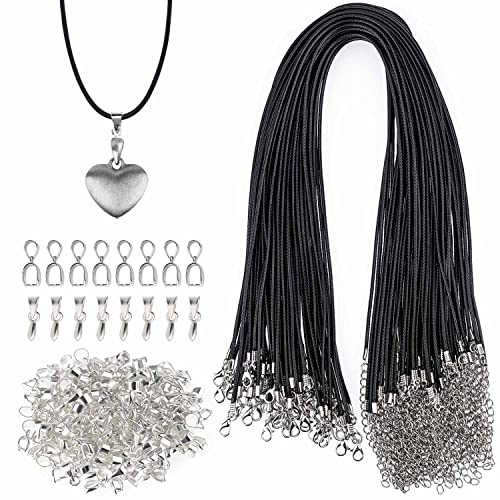 FYSL 120 Stück Lederband Kette 50cm Lederband Kette mit Verschluss Lederband Schwarz Lederband Kette DIY Schmuck Machen Zubehör(60 lederband kette, 60 Anhängerschlaufe Ösen) von FYSL