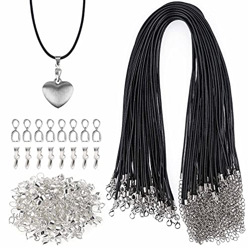 FYSL 120 Stück Lederband Kette 50cm Lederband Kette mit Verschluss Lederband Schwarz Lederband Kette DIY Schmuck Machen Zubehör(60 Lederband Kette, 60 Anhängerschlaufe Ösen) von FYSL