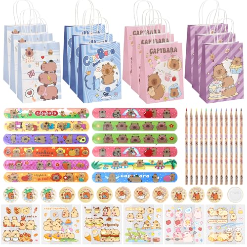 FYSL Capybara Party Mitgebsel Kindergeburtstag Gastgeschenke, Capybara Geschenktüten Kindergeburtstag mit Stiften, Schlüsselanhänger, Armband, Aufklebern (vier Farben, 60) von FYSL