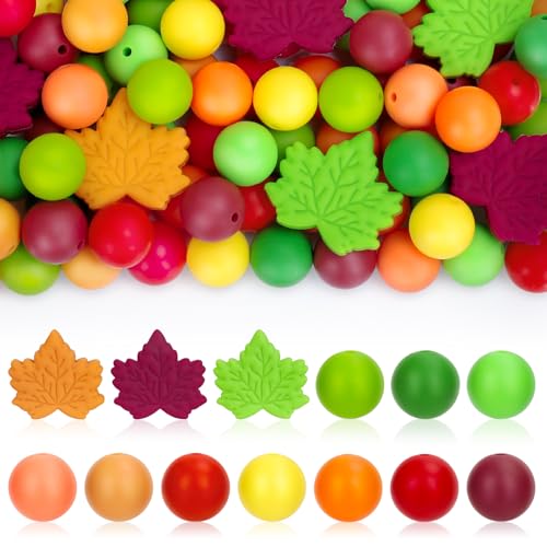FYSUIMU 112 Stück Herbst-Ahornblatt-Silikon-Fokal-Perlen, Herbst-Orange, Grün, lose Gummiperlen, runde Abstandshalter, Perlen für Thanksgiving, Basteln, Schmuck, Halsketten, Armbänder von FYSUIMU