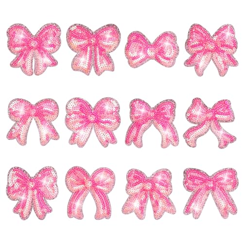 FYSUIMU 12 x rosa Schleife zum Aufbügeln, Pailletten, Schleife, Applikation, Reparaturflicken, Kokette, glänzend, bestickt, zum Aufnähen auf Bastelarbeiten, Kleidung, Stoff von FYSUIMU