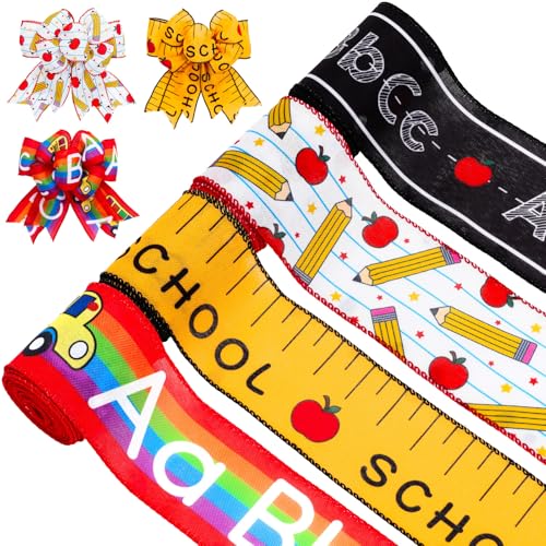 FYSUIMU 4 Rollen Band für Schulanfang, Drahtrand, ABC, Apfelstift, Lineal, Schule, Bus, Streifen, Bastelband, 6,3 cm, 20 Meter, Stoffband für Schleife, Kranz, Party, Heimdekoration FYSUIMU 4 Rollen Band für Schulanfang, Drahtrand, ABC, Apfelstift, Lineal, Schule, Bus, Streifen, Bastelband, 6,3 cm, 20 Meter, Stoffband für Schleife, Kranz, Party, Heimdekoration von FYSUIMU