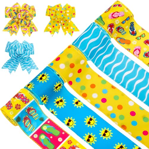 FYSUIMU 5 Rollen Sommerbänder mit Drahtrand, 6,3 cm, 2,5 m, Sonnenschein, Strand, Flip-Flop-Stoff, Bastelband für Schleife, Kranz, Geschenkverpackung, Party, Heimdekoration FYSUIMU 5 Rollen Sommerbänder mit Drahtrand, 6,3 cm, 2,5 m, Sonnenschein, Strand, Flip-Flop-Stoff, Bastelband für Schleife, Kranz, Geschenkverpackung, Party, Heimdekoration von FYSUIMU