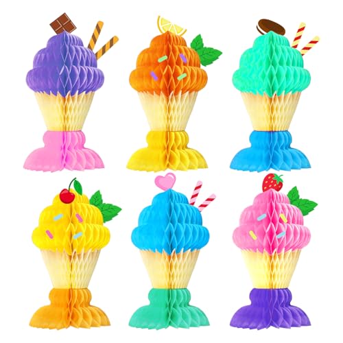 FYSUIMU 6 x Eiscreme-Waben-Mittelstücke, bunte Eisbecher, Tischdekoration, süßer Sommer, Papier-Waben-Kugel, Ornament für Zuhause, Party, Tischdekoration von FYSUIMU