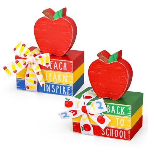 FYSUIMU 8 Stück Back to School Holzdekor Apfelbuch abgestufte Tablett-Schilder rustikale Holz-Tischaufsatz mit Band für den ersten Schultag, Bauernhaus, Tischplatte von FYSUIMU