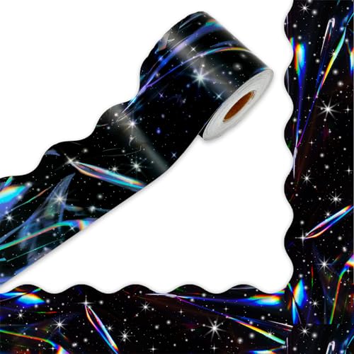 FYSUIMU Galaxie-Pinnwand-Bordüre, holografischer Sternenhimmel, gestanzte Bordüre, Rolle für Klassenzimmer, Kreidetafel, Wanddekoration von FYSUIMU