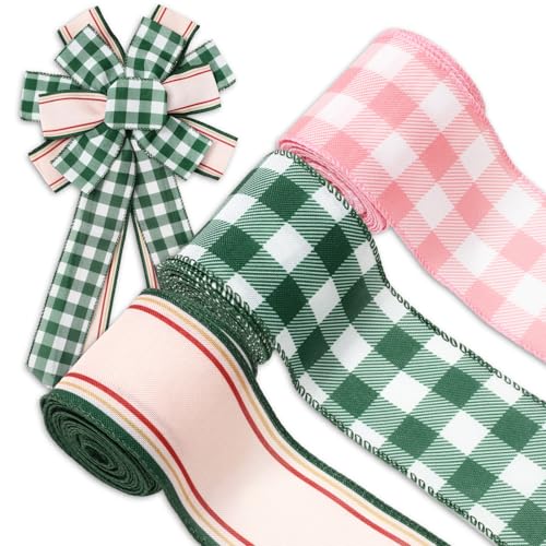 FYSUIMU Gingham-Band mit Drahtrand, 6,3 cm, rosa-grün, kariert, Stoffband für Bastelarbeiten, Kranzschleifen, 18 m von FYSUIMU