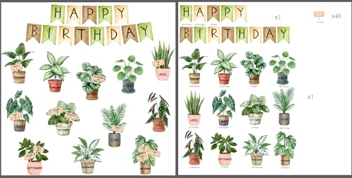 FYSUIMU Greenery Pinnwand-Dekorationsset "Happy Birthday", Aquarell-Topfpflanzen-Ausschnitte, Schulanfang, Papierschneiden mit Klebepunkten für Party, Klassenzimmer, Wandkalender von FYSUIMU