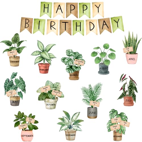 FYSUIMU Greenery Pinnwand-Dekorationsset "Happy Birthday", Aquarell-Topfpflanzen-Ausschnitte, Schulanfang, Papierschneiden mit Klebepunkten für Party, Klassenzimmer, Wandkalender von FYSUIMU