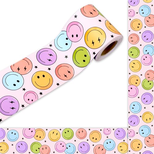 FYSUIMU Happy Face Pinnwand-Bordüre, buntes Stern-Lächeln-Gesicht, gestanzte Bordüre, Rolle für Klassenzimmer, Kreidetafel, Wanddekoration von FYSUIMU