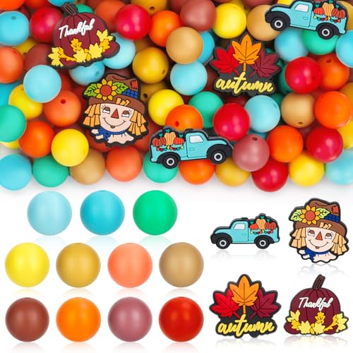 FYSUIMU Herbst-Silikonperlen, Herbst-Vogelscheuche, Kürbis, LKW, Ahornblatt, Silikonperlen, gemischte Farben, Gummiperlen für Thanksgiving, Basteln, Schmuck, Halsketten, Armbänder, 118 Stück von FYSUIMU