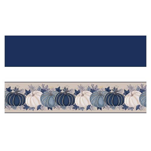 FYSUIMU Herbstband mit Drahtrand, 20 Meter, blau-weißes Glitzerkürbis-Stoffband, Herbst-Bastelband für Bauernhaus, Erntedankfest, Kranz, Schleife, Basteln, 2 Rollen von FYSUIMU