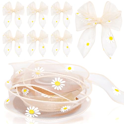 FYSUIMU Organzaband mit Gänseblümchen-Motiv, durchscheinendes Band für Kranz, Schleifen, Basteln, 9,1 m, Beige von FYSUIMU