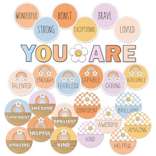 FYSUIMU Pinnwand-Set mit Gänseblümchen-Affirmationsstation, Pastellfarben, Motivationsposter, positive Bestätigung, Ausschnitt für Klassenzimmer, Heimdekoration, 31-teilig von FYSUIMU