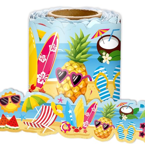 FYSUIMU Pinnwand für Sommer, Strand, Cartoon, Hawaii-Thema, gestanzte Bordüre, Rolle für Klassenzimmer, Kreidetafel, Wanddekoration von FYSUIMU