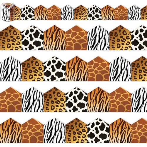 FYSUIMU Safari-Tier-Pinnwand, Bordüre, 100 cm, Braun, Schwarz, Weiß, Tierdruck, gestanzt, Bordüre, Rolle für Klassenzimmer, Kreidetafel, Wanddekoration von FYSUIMU