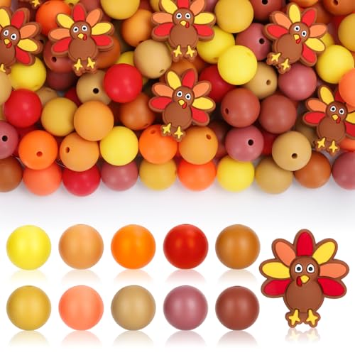 FYSUIMU Silikon-Fokal-Perlen für Thanksgiving, Türkei, Herbst, Orange, Gelb, Braun, lose Gummiperlen, runde Abstandshalter für Herbst, DIY, Handwerk, Schmuck, Halskette, 106 Stück von FYSUIMU
