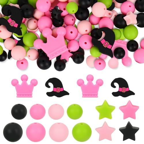 FYSUIMU Silikonperlen für Hexenparty, Sterne, Hexenhut, Krone, rund, lose Perlen, Rosa, Grün, Schwarz, Abstandshalter, Brennperlen für Halloween, DIY, Halsketten, Armbänder, Schlüsselanhänger von FYSUIMU