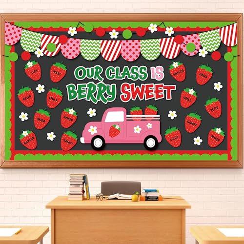 FYSUIMU Sweet Berry Pinnwand-Dekorationsset, Erdbeer-LKW, Gänseblümchen, Papierausschnitte mit Klebepunkten für Sommer, Schulanfang, Klassenzimmer, Wandbedarf, 82 Stück von FYSUIMU