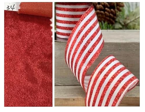 FYSUIMU Weihnachts-Samtband mit Drahtrand, 6,3 cm, 9,1 m, doppelseitig, rot-weiß, Pfefferminzstreifen, Glitzer, Bastelband für Weihnachtsbaum, Schleife, Kranz, Urlaub, Heimdekoration von FYSUIMU