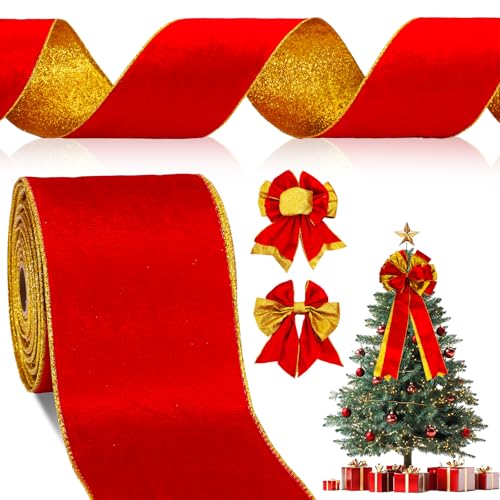 FYSUIMU Weihnachts-Samtband mit Drahtrand, doppelseitig, rotgoldenes Glitzer, Bastelband für Weihnachtsbaum, Schleife, Kranz, Urlaub, Heimdekoration, 12,7 cm von FYSUIMU
