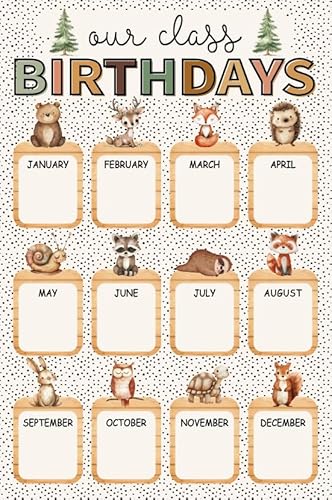 FYSUIMU Woodland Happy Birthday Chart Poster Cute Forest Animal Birthday Chart Kalender für Pinnwand, Kreidetafel, Wanddekoration, 28,9 x 41,9 cm von FYSUIMU