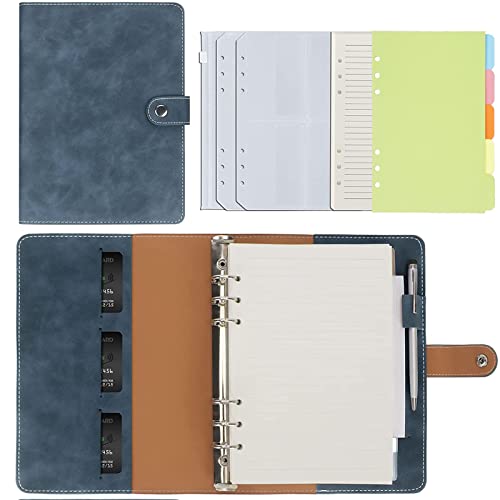 FYY A5 Binder Notizbuch,6 Ringe PU Leder Loseblatt Notizbuch mit A5 Papier,6 Runder Ringbuch Planner Notebook,Travel Tagebuch Notiz Skizzenbuch fürFüllpapier (Blau-Linie) von FYY