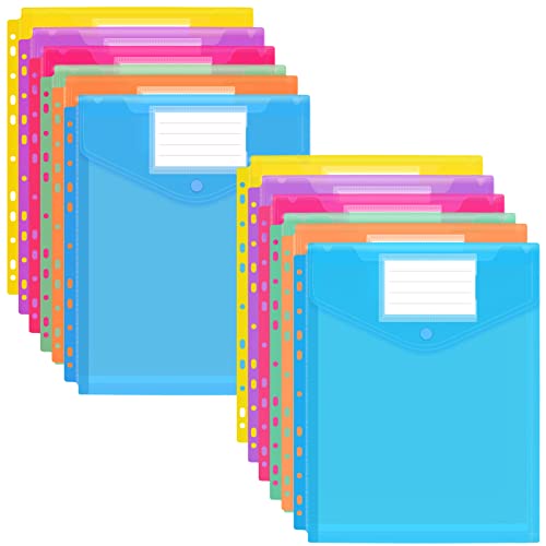 FYY Dokumententasche A4,12 Stück Dokumentenmappen A4 Transparent Druckknopf zum Abheften,A4 Sammelmappen für Dokumente Organisieren mit Binderlöcher und Etikettentasche für A4 2/3/4 Ringbuch,Farbe von FYY