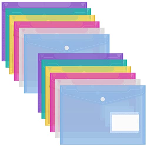 FYY Dokumententaschen A5,Klarsichthülle A5 Dokumentenmappe mit Etikettentasche,Druckknopf Sichttasche A5 Transparent, Dokument Organisieren für Papier,Quittungen,Hausaufgaben, Schulbüro,12 Stück,Farbe von FYY