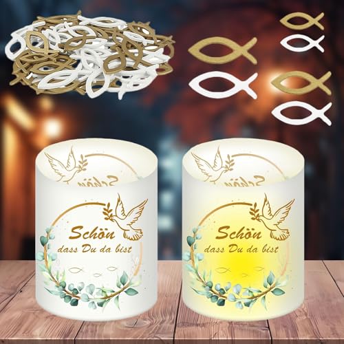 Kommunion Deko, 16 Stück Windlichter Tischdeko mit 60 Holzfischen, Fische Tischdeko, Windlicht Fisch Tischdeko, Taufe Fische Holz, Windlicht Kommunion, für Streudeko Taufe Junge Mädchen Kommunion Deko, 16 Stück Windlichter Tischdeko mit 60 Holzfischen, Fische Tischdeko, Windlicht Fisch Tischdeko, Taufe Fische Holz, Windlicht Kommunion, für Streudeko Taufe Junge Mädchen von FYZSJWL