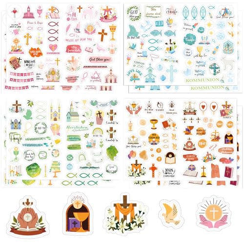 8 Bögen Sticker Kommunion, Taufe Konfirmation Kommunion Sticker Set, Taufaufkleber, ideal zum Kommunion, Konfirmation, Taufe - Stickerbögen für Gästebuch Fotoalbum, für Mädchen und Junge von FYZSJWL