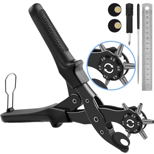 FYting Lochzange für Leder,Lochstanzer Drehlochzange 6 Größen (2–4,5 mm) mit Maßband,Werkzeug, Schärfstab, für Gürtel, Lederschuhe, UhrenarmbäNder, Sättel, Haustierhalsbänder(Schwarz) von FYting