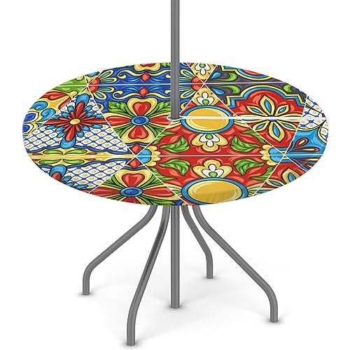 FZDXZJJ Mexikanische Talavera runde Outdoor-Tischdecke mit Schirmloch und Reißverschluss, rhombisches Mandala, elastischer Rand, Terrassentischabdeckung für Frühling, Sommer, Picknick, Party, 91,4 cm von FZDXZJJ