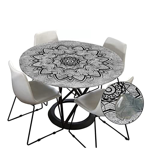 Tischdecke Outdoor Rund 120 cm, Elastisch Rund Abwaschbar Tischdecken Wasserabweisend Lotuseffekt Garten Tischdecke Grau Mandala Table Cloth (Ideal für 50cm-60cm,Anthrazit) von FZKun