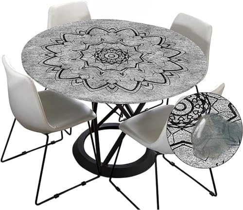 Tischdecke Outdoor Rund 120 cm, Elastisch Rund Abwaschbar Tischdecken Wasserabweisend Lotuseffekt Garten Tischdecke Grau Mandala Table Cloth (Ideal für 70cm-80cm,Anthrazit) von FZKun