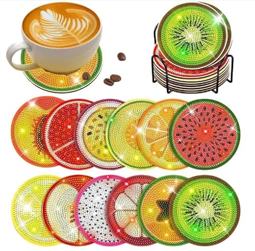 12 Stück Diamond Painting Untersetzer mit Halter, Diamant Tassenuntersetzer, Obst Diamond Art Painting zum Basteln, 5D DIY Obst Untersetzer rutschfest für Anfänger, Erwachsene & Kinder (A) von FZQBEY