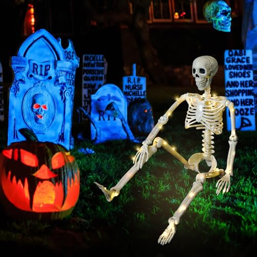 90cm Ganzkörper Halloween Skelett mit Beweglichen Gelenken, Halloween Deko Figuren Animiert Skelett mit Lichter,Halloween Deko Skelett Gruselig Halloween Animatronic für Innen Outdoor Garten Party (1) 90cm Ganzkörper Halloween Skelett mit Beweglichen Gelenken, Halloween Deko Figuren Animiert Skelett mit Lichter,Halloween Deko Skelett Gruselig Halloween Animatronic für Innen Outdoor Garten Party (1) von FZQBEY