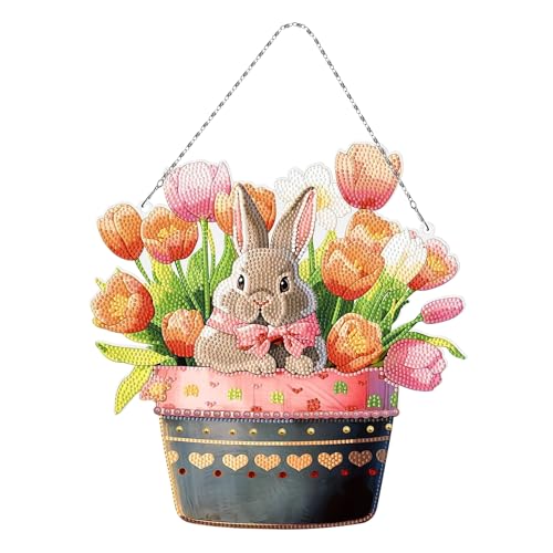 Diamond Painting Ostern, Ostern Diamant Aufkleber Kit, Diamond Painting Sticker, DIY Diamant Painting Osterhase Ostereier Set Diamant Painting Kranz mit Hängekette für Ostern Geschenk Kinder (A) von FZQBEY