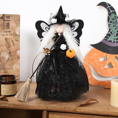 Halloween Deko, Halloween Hexe Puppe, Schwarze Halloween Hexe Baumspitze Hängende Halloween Deko Hexe Figure mit Besen Halloween Puppen für Halloween Party Dekoration Hexen Wichtel Puppe von FZQBEY