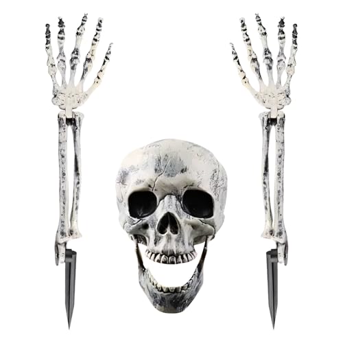 Halloween Deko Figuren Skelett Zombie Mit Realistischem Schädel Und Hand, Halloween Deko Outdoor Gruselig Schädel Horror Totenkopf Zombie Groundreaker für Garten Spukhaus Rasen (B) von FZQBEY