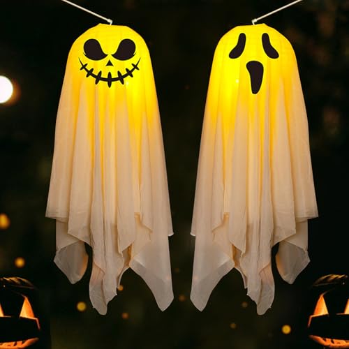 Halloween Deko Geist,2 Stück Halloween Laterne Geister Faltbar Lampenschirm Lampions LED Leuchtend Geister Papierlaternen Halloween Dekoration Papierlaterne Geist für Halloween Deko Innen Outdoor (CD) von FZQBEY