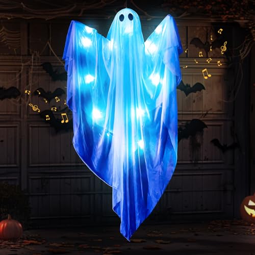 Halloween Deko Geister Hängende mit Sound und Leuchten, Halloween Deko Outdoor Geister mit 3 Lichtmodi & Berührungssensor Gruselige Geist Lichterkette Anhänger für Innen Outdoor Garten Party Baum (C) von FZQBEY